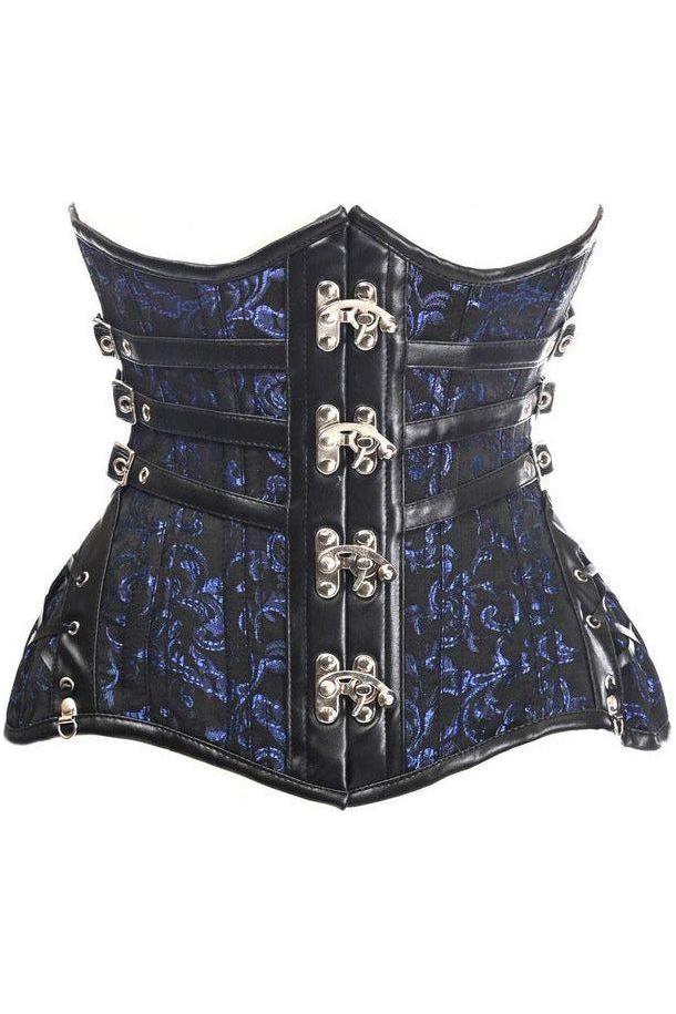 Top Drawer CURVY Steampunk Black/Blue Brocade Steel Double Boned Under Bust Corset - Daisy Corsets
