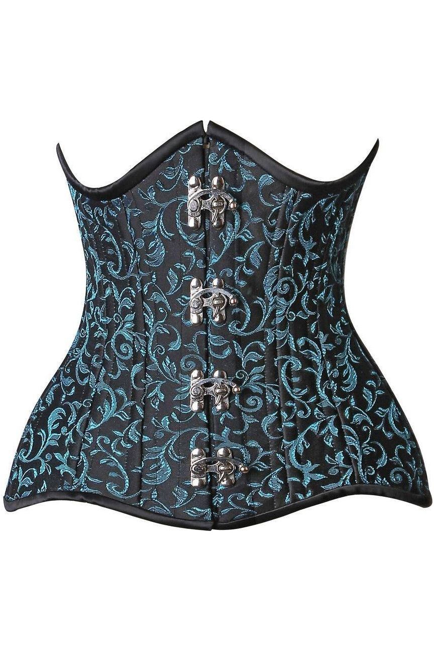Top Drawer CURVY Teal Brocade Double Steel Boned Under Bust Corset - Daisy Corsets