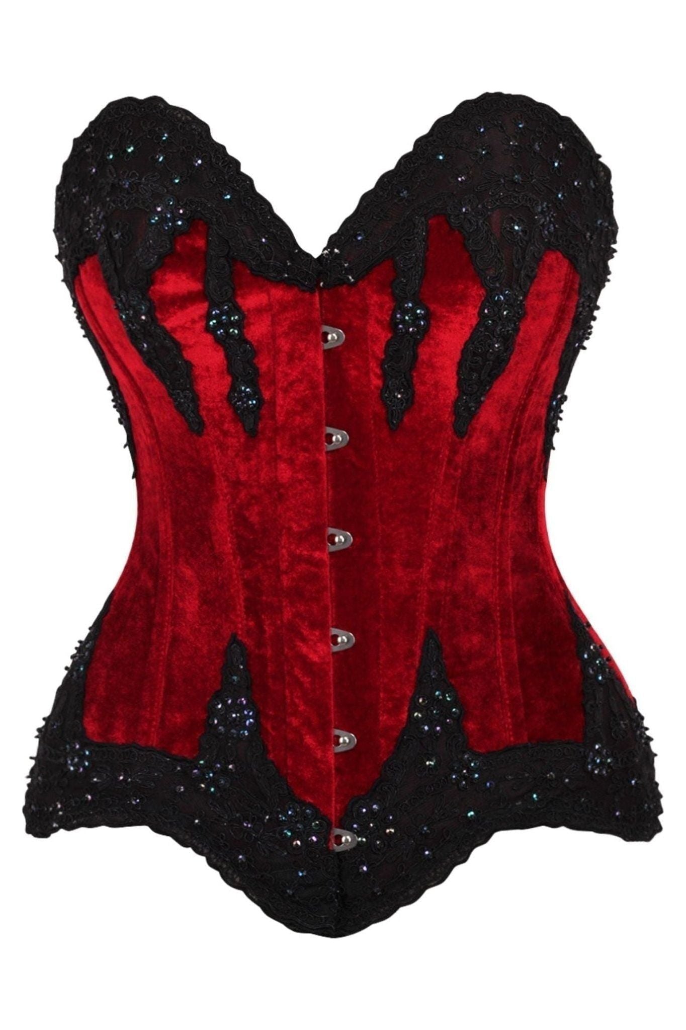 Top Drawer Dark Red Velvet & Beaded Steel Boned Overbust Corset - Daisy Corsets
