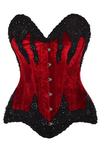 Top Drawer Dark Red Velvet & Beaded Steel Boned Overbust Corset - Daisy Corsets