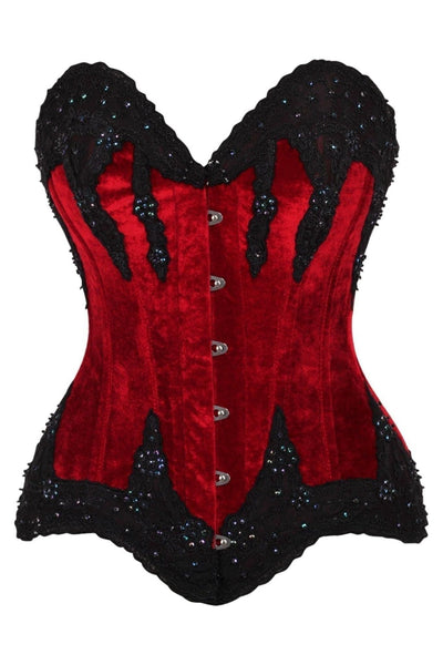 Top Drawer Dark Red Velvet & Beaded Steel Boned Overbust Corset - Daisy Corsets