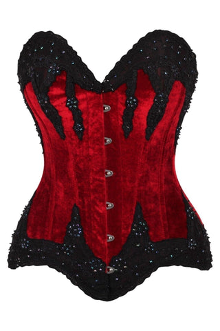 Top Drawer Dark Red Velvet & Beaded Steel Boned Overbust Corset - Daisy Corsets