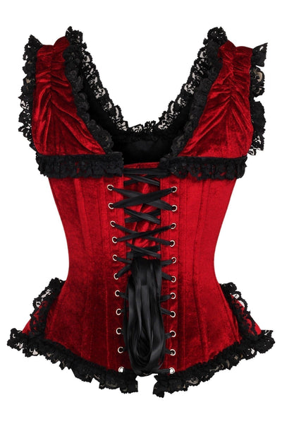 Top Drawer Dark Red Velvet & Lace Steel Boned Corset w/Cap Sleeves - Daisy Corsets