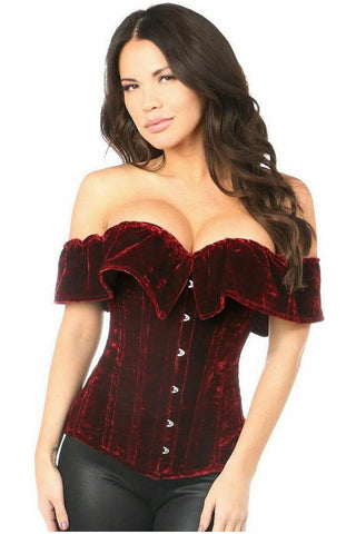 Top Drawer Dark Red Velvet Off - The - Shoulder Steel Boned Corset - Daisy Corsets