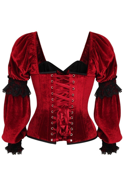 Top Drawer Dark Red Velvet Steel Boned Long Sleeve Corset - Daisy Corsets