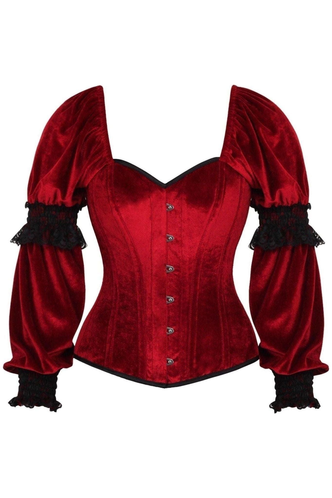 Top Drawer Dark Red Velvet Steel Boned Long Sleeve Corset - Daisy Corsets