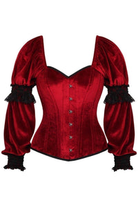 Top Drawer Dark Red Velvet Steel Boned Long Sleeve Corset - Daisy Corsets