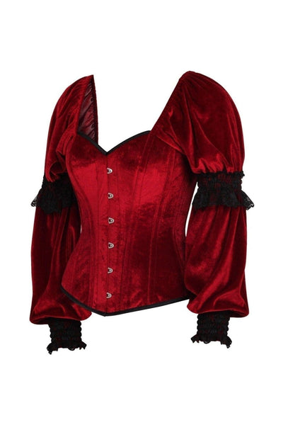 Top Drawer Dark Red Velvet Steel Boned Long Sleeve Corset - Daisy Corsets