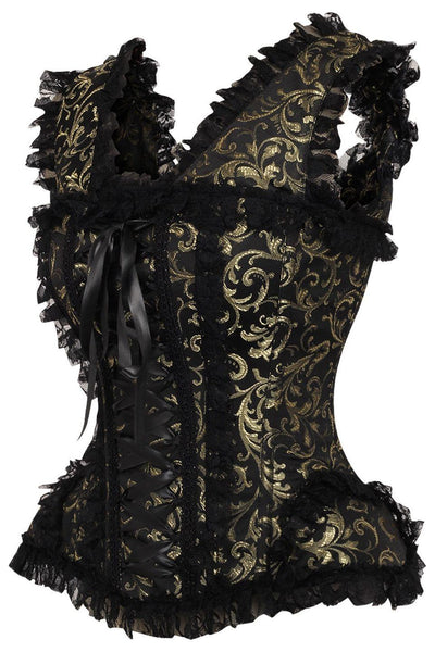 Top Drawer Gold/Black Swirl Brocade & Lace Steel Boned Corset w/Cap Sleeves - Daisy Corsets