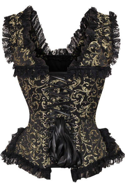 Top Drawer Gold/Black Swirl Brocade & Lace Steel Boned Corset w/Cap Sleeves - Daisy Corsets