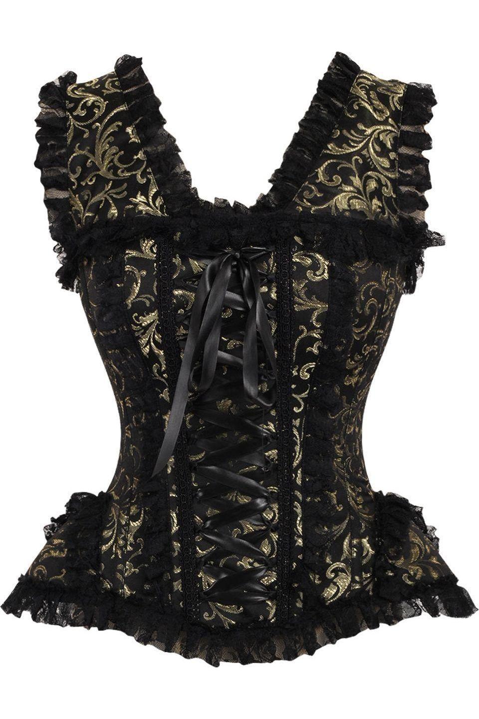 Top Drawer Gold/Black Swirl Brocade & Lace Steel Boned Corset w/Cap Sleeves - Daisy Corsets