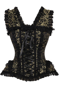 Top Drawer Gold/Black Swirl Brocade & Lace Steel Boned Corset w/Cap Sleeves - Daisy Corsets