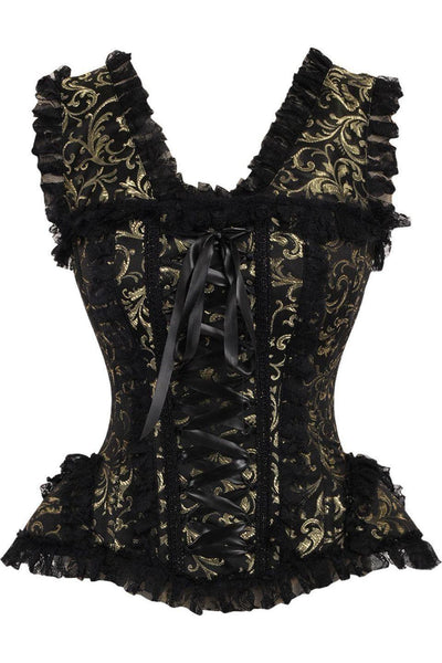 Top Drawer Gold/Black Swirl Brocade & Lace Steel Boned Corset w/Cap Sleeves - Daisy Corsets