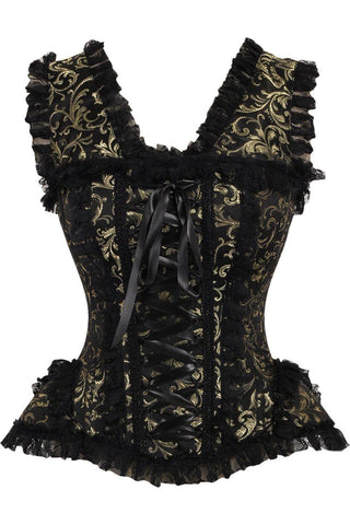 Top Drawer Gold/Black Swirl Brocade & Lace Steel Boned Corset w/Cap Sleeves - Daisy Corsets