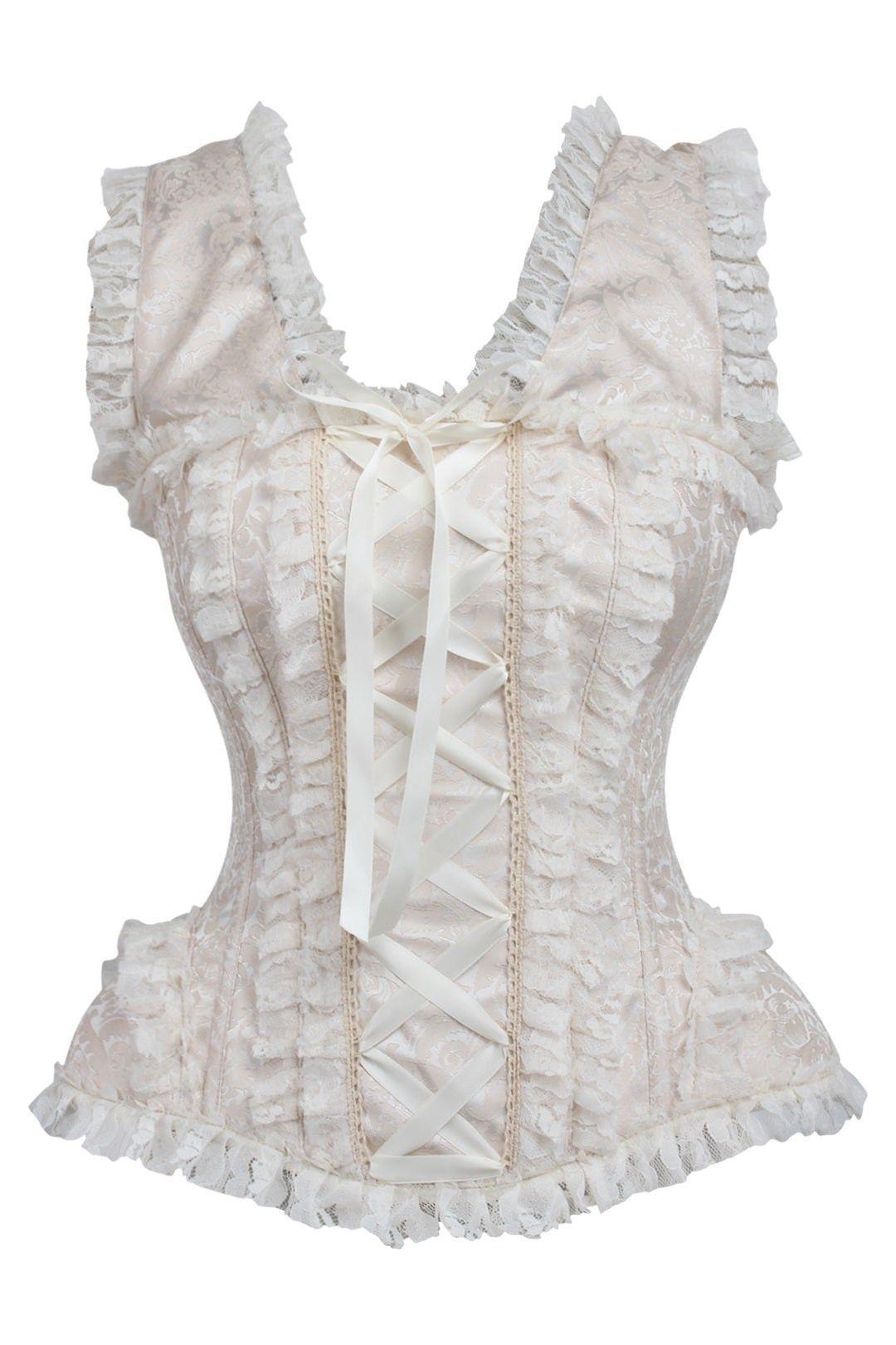 Top Drawer Ivory Brocade & Lace Steel Boned Corset w/Cap Sleeves - Daisy Corsets