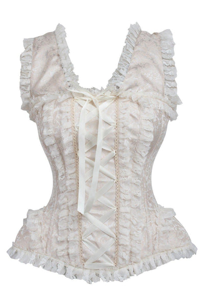 Top Drawer Ivory Brocade & Lace Steel Boned Corset w/Cap Sleeves - Daisy Corsets