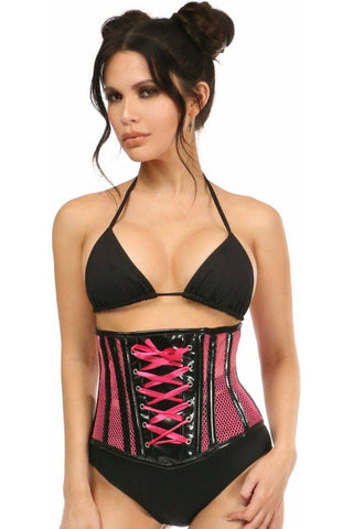 Top Drawer Neon Pink Patent & Fishnet Underbust Corset - Daisy Corsets
