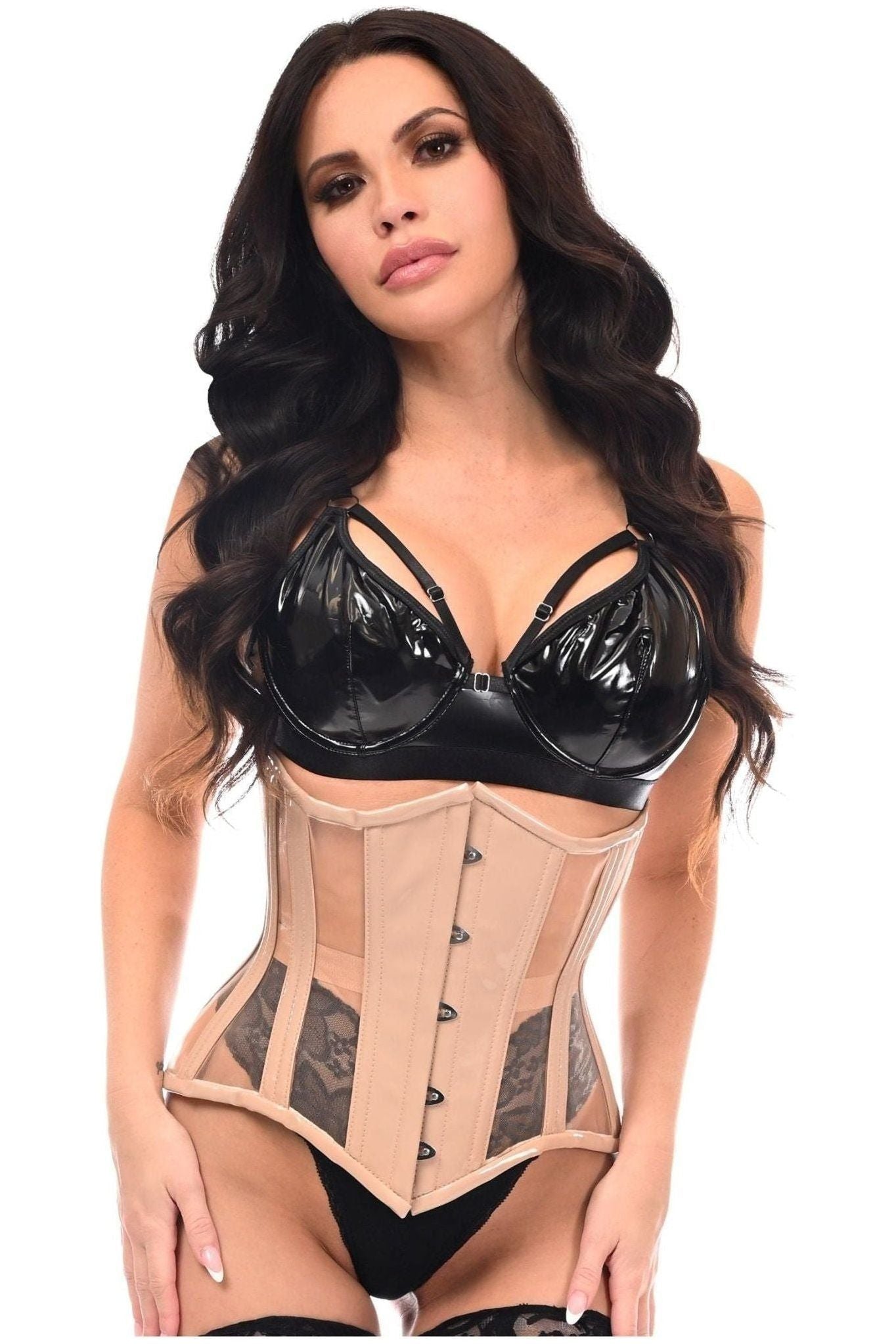 Top Drawer Nude Patent & Mesh Steel Boned Under Bust Corset - Daisy Corsets