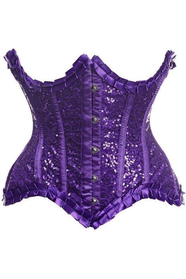 Top Drawer Purple Satin & Sequin Underwire Curvy Cut Steel Boned Waist Cincher Corset - Daisy Corsets