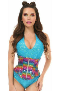 Top Drawer Rainbow Glitter Holo Steel Boned Mid Under Bust Corset - Daisy Corsets