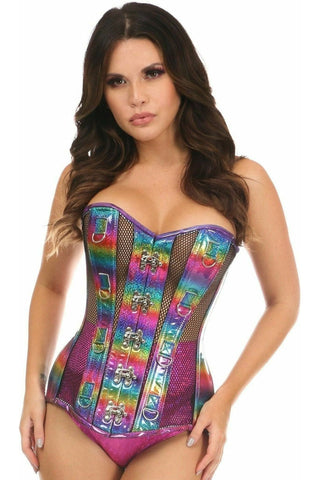 Top Drawer Rainbow Glitter PVC & Black Fishnet Steel Boned Over Bust Corset - Daisy Corsets