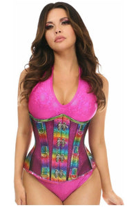 Top Drawer Rainbow Glitter PVC & Black Fishnet Steel Boned Under Bust Corset - Daisy Corsets