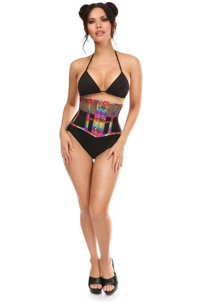 Top Drawer Rainbow Glitter PVC Steel Boned Mini Cincher w/Clasps - Daisy Corsets