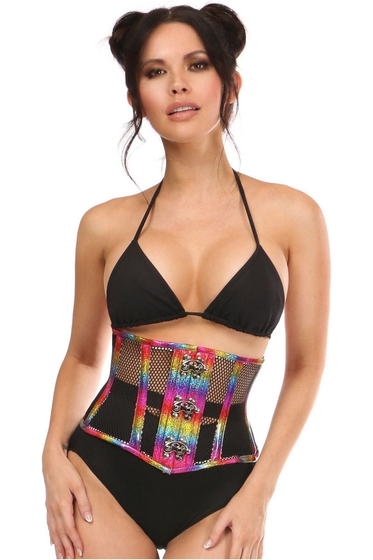 Top Drawer Rainbow Glitter PVC Steel Boned Mini Cincher w/Clasps - Daisy Corsets