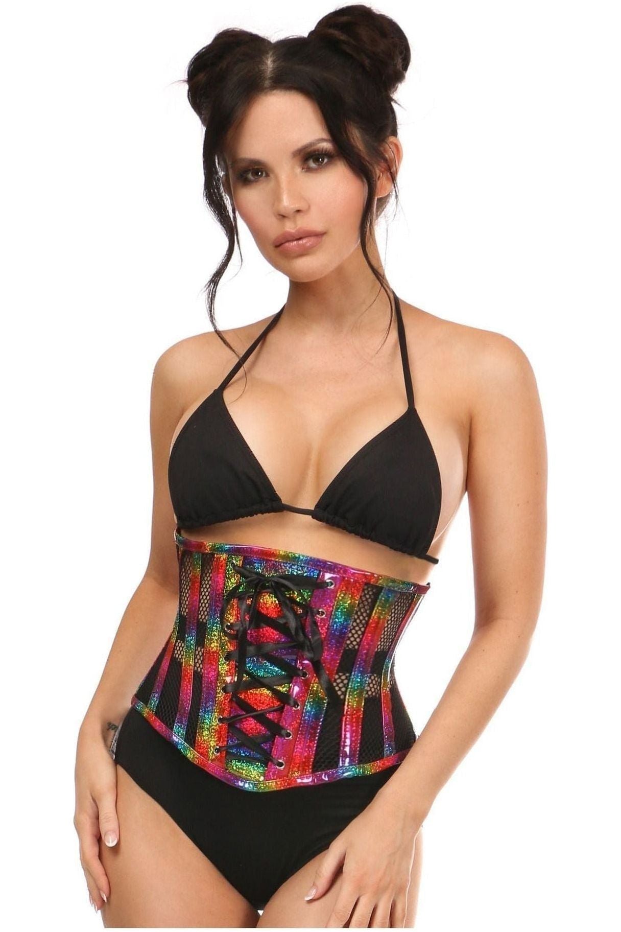 Top Drawer Rainbow Glitter PVC Steel Boned Underbust Corset w/Lace - Up Front - Daisy Corsets