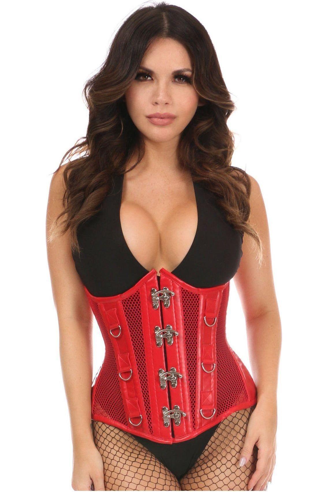 Top Drawer Red Faux Leather & Fishnet Steel Boned Under Bust Corset - Daisy Corsets