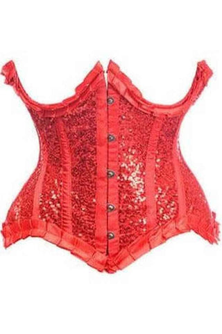 Top Drawer Red Satin & Sequin Underwire Curvy Cut Steel Boned Waist Cincher Corset - Daisy Corsets