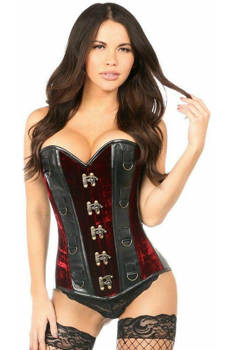 Top Drawer Red Velvet & Faux Leather Steel Boned Corset - Daisy Corsets