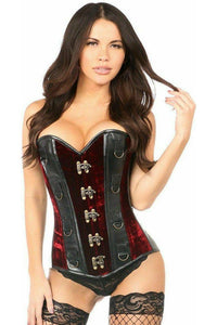 Top Drawer Red Velvet & Faux Leather Steel Boned Corset - Daisy Corsets