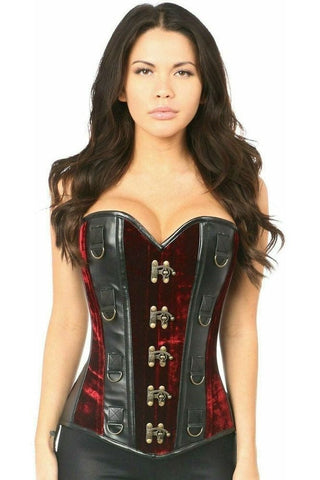 Top Drawer Red Velvet & Faux Leather Steel Boned Corset - Daisy Corsets