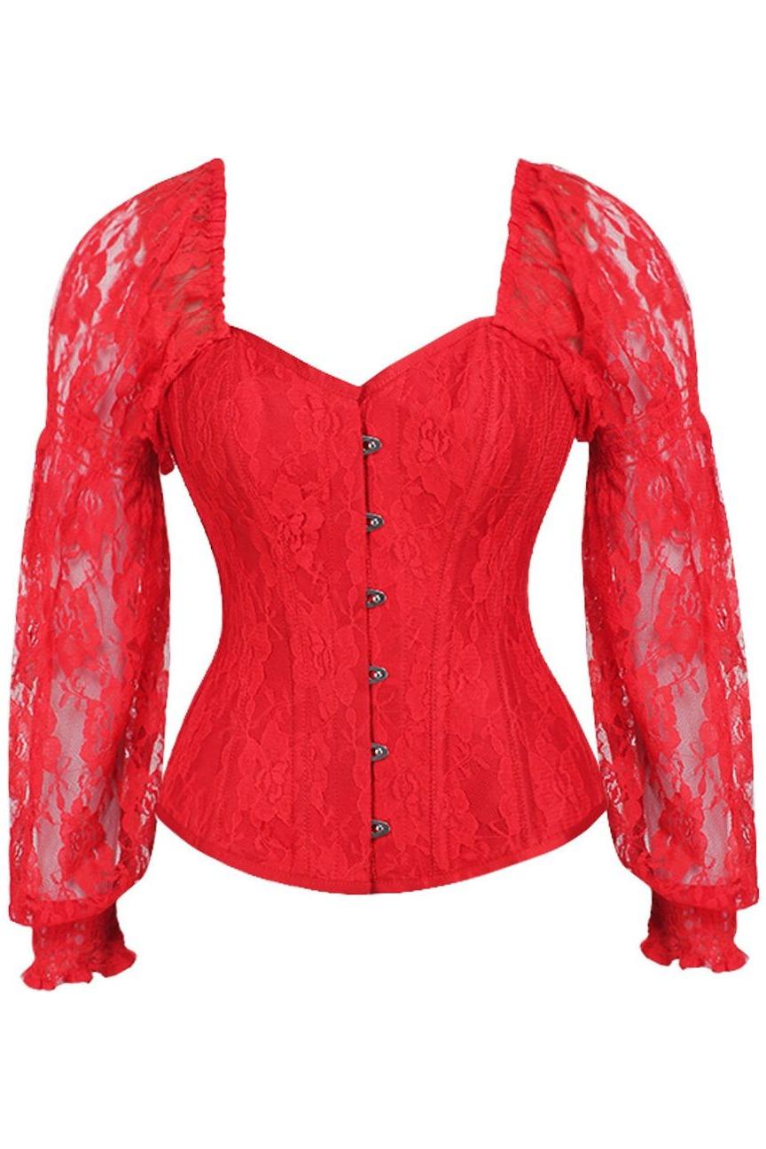 Top Drawer Red w/Red Lace Steel Boned Long Sleeve Corset - Daisy Corsets