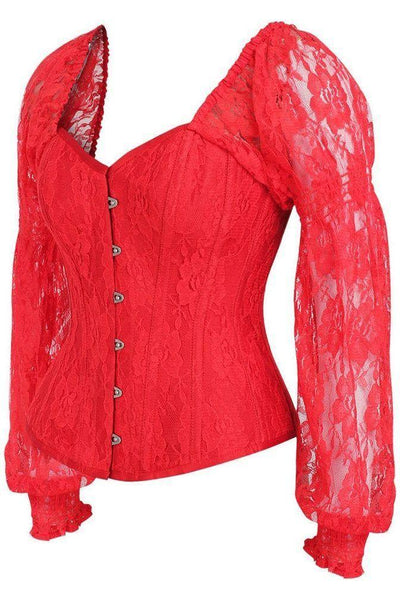 Top Drawer Red w/Red Lace Steel Boned Long Sleeve Corset - Daisy Corsets