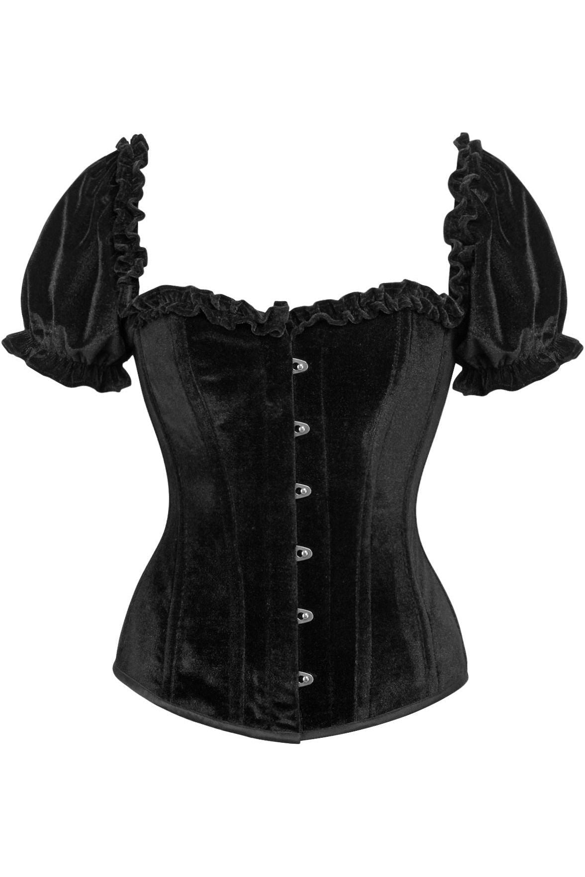 Top Drawer Steel Boned Black Velvet Overbust Corset w/Sleeves - Daisy Corsets