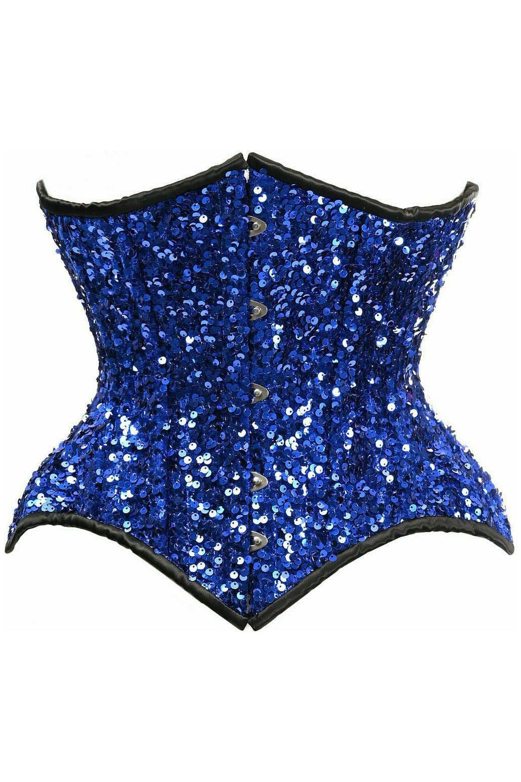 Top Drawer Steel Boned Blue Sequin Curvy Cut Waist Cincher Corset - Daisy Corsets