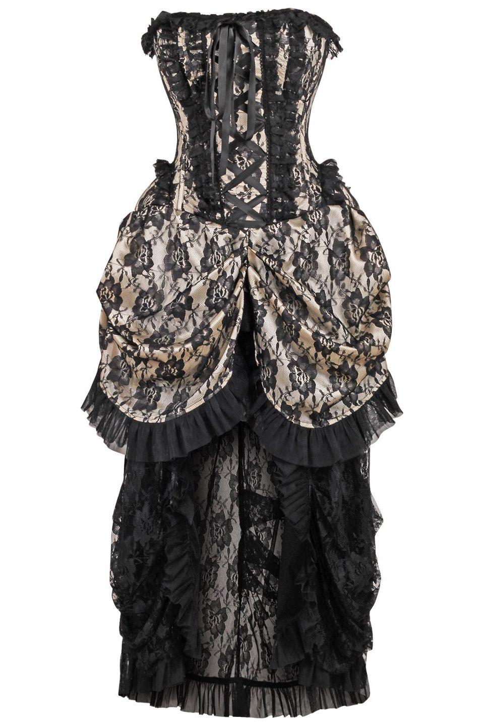 Top Drawer Steel Boned Cream w/Black Lace Bustle Corset Dress - Daisy Corsets
