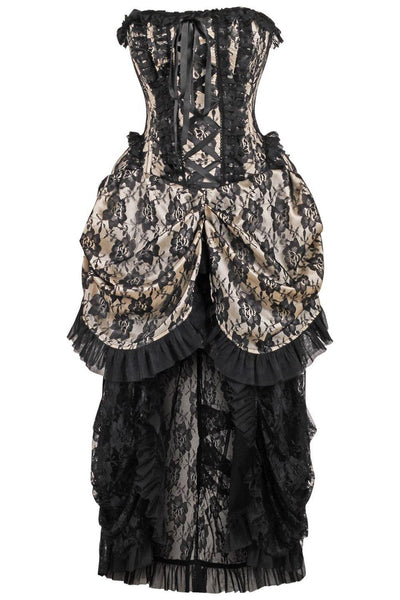 Top Drawer Steel Boned Cream w/Black Lace Bustle Corset Dress - Daisy Corsets