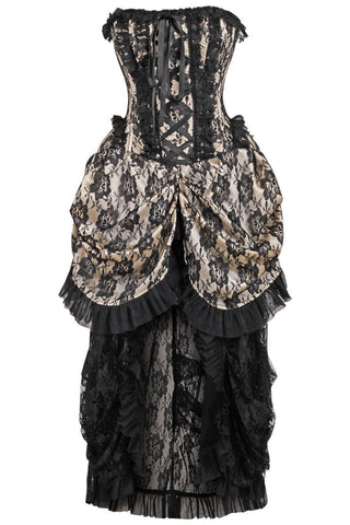 Top Drawer Steel Boned Cream w/Black Lace Bustle Corset Dress - Daisy Corsets