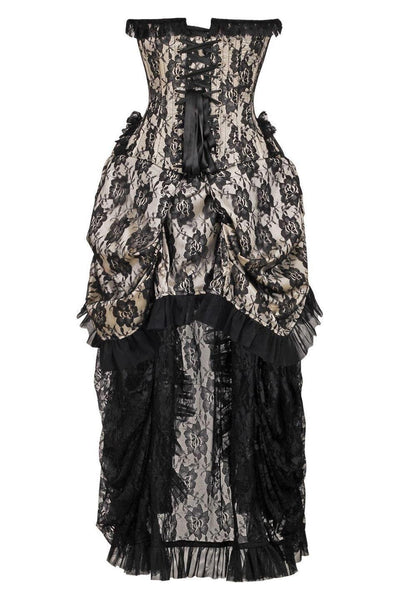 Top Drawer Steel Boned Cream w/Black Lace Bustle Corset Dress - Daisy Corsets