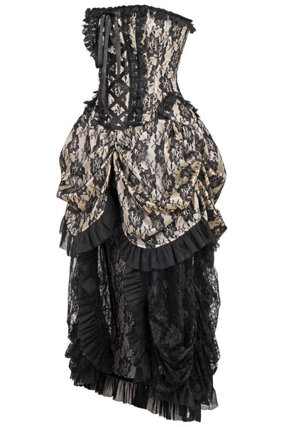 Top Drawer Steel Boned Cream w/Black Lace Bustle Corset Dress - Daisy Corsets