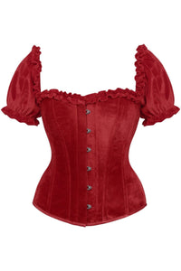 Top Drawer Steel Boned Dark Red Velvet Overbust Corset w/Sleeves - Daisy Corsets