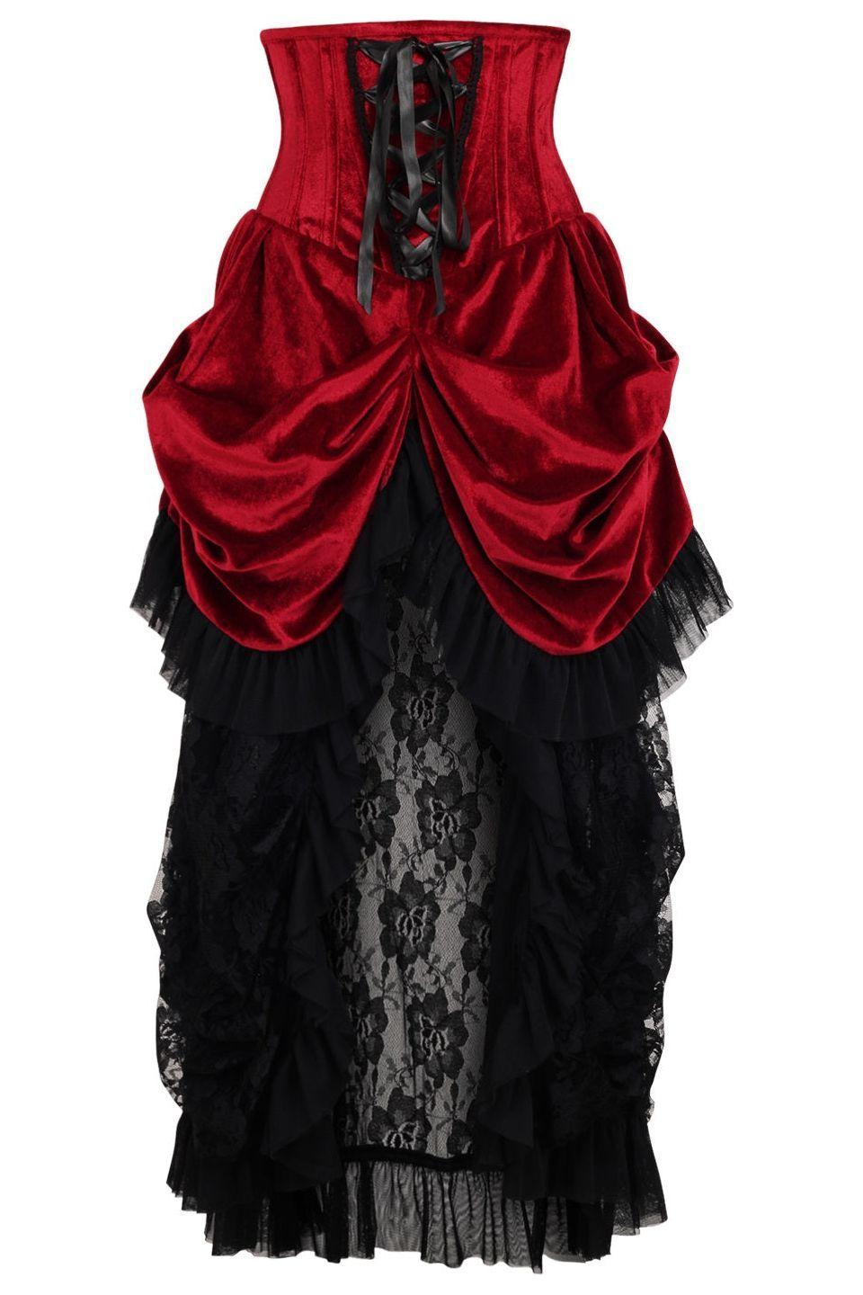 Top Drawer Steel Boned Dark Red Velvet Victorian Bustle Underbust Corset Dress - Daisy Corsets