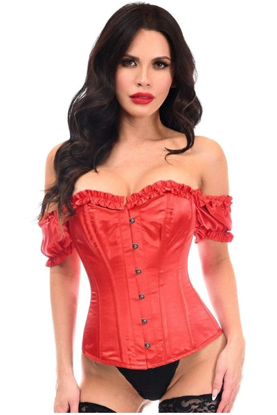 Top Drawer Steel Boned Red Satin Overbust Corset w/Sleeves - Daisy Corsets