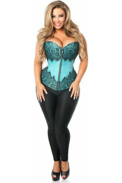 Top Drawer Teal Brocade Steel Boned Corset w/Black Eyelash Lace - Daisy Corsets