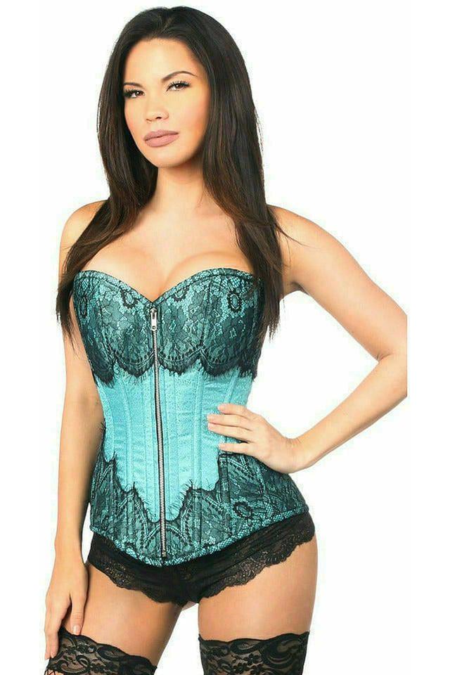 Top Drawer Teal Brocade Steel Boned Corset w/Black Eyelash Lace - Daisy Corsets