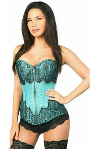 Top Drawer Teal Brocade Steel Boned Corset w/Black Eyelash Lace - Daisy Corsets