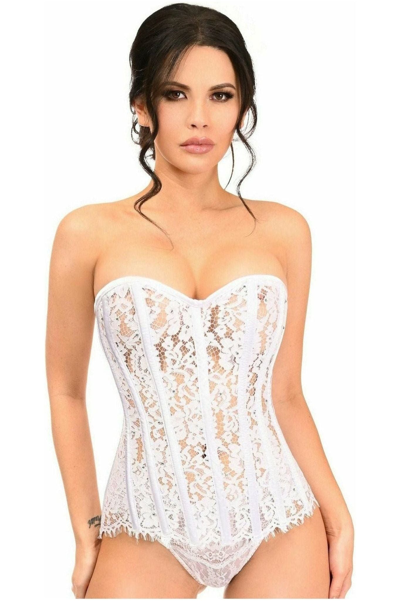 Top Drawer White Lace Steel Boned Corset w/Rhinestones - Daisy Corsets